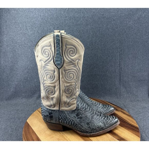 Tony Lama Boots 1466 Sz 10M Gray/Blue and Tan Snake Skin Embroidered - Picture 1 of 11